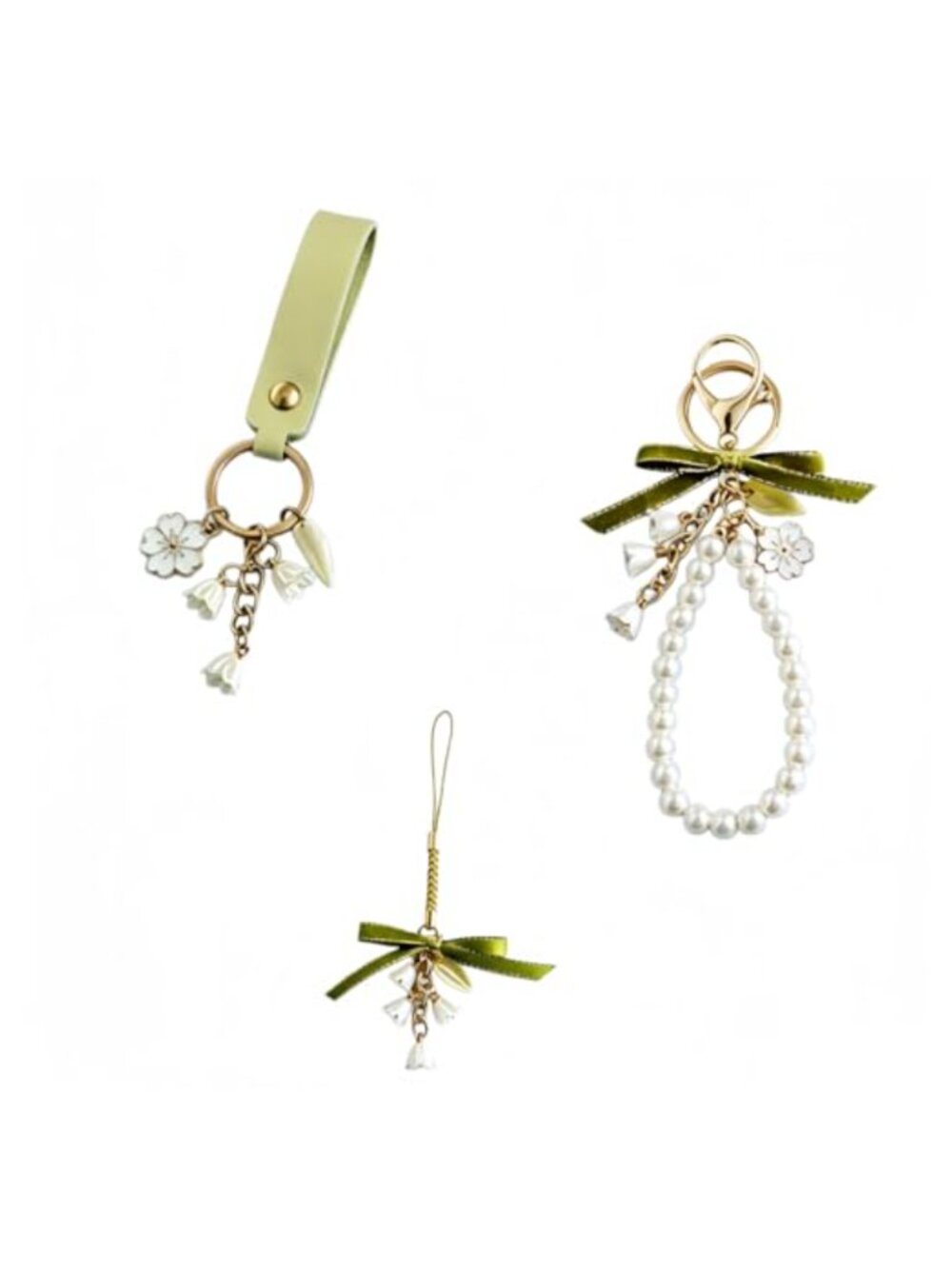 Lily of the Valley Keychain Set - Pearl Charm, Car Key Holder & Phone Lanyard,